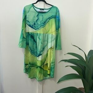 Green Blue Abstract Watercolor Midi Dress Large Bell Sleeve Empire Waist Boho